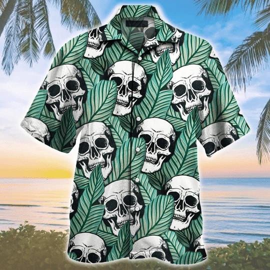 Tropical Skull And Green Leaf Seamless Pattern Hawaiian Shirt