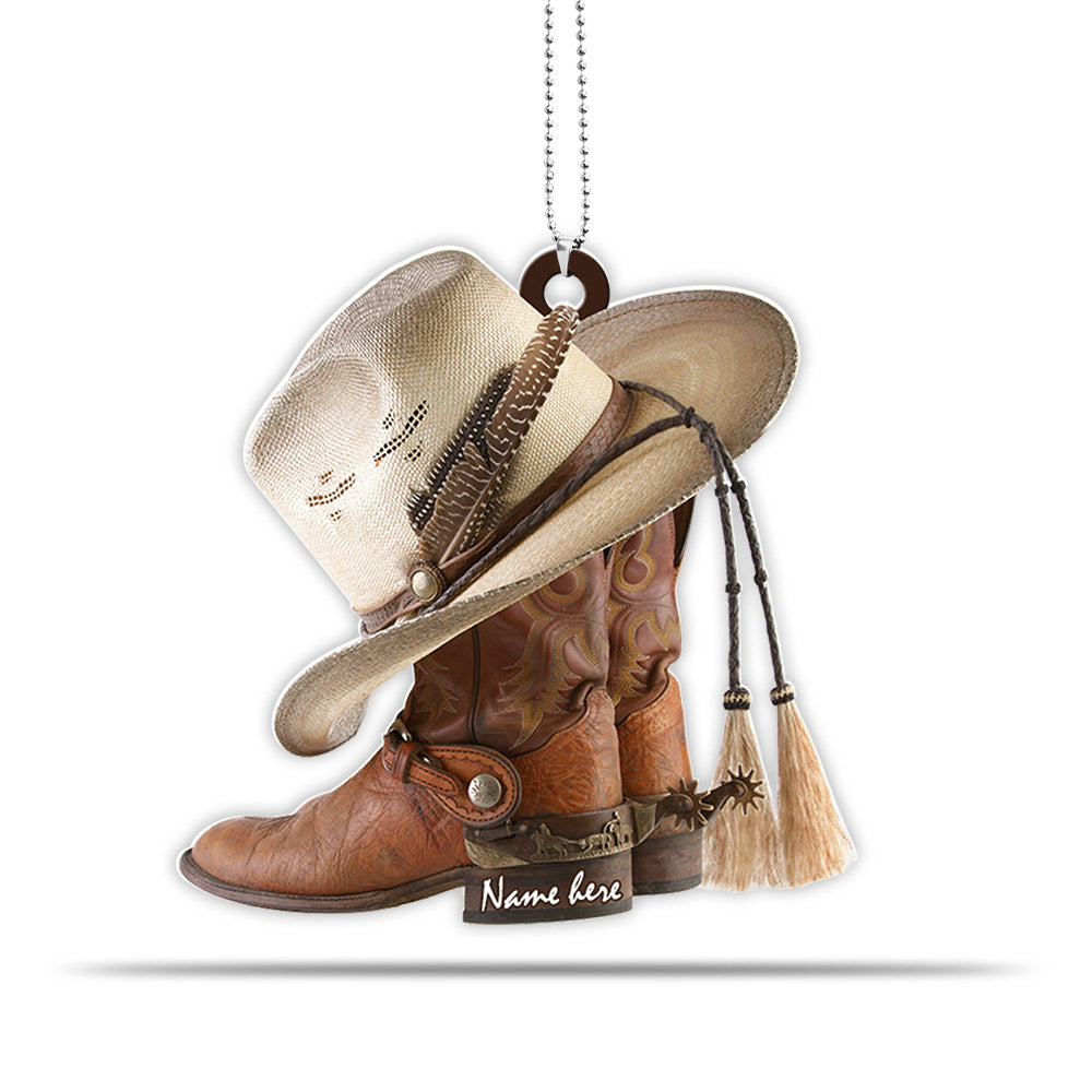 Personalized Flat Acrylic Car Ornament Printed Two Sides With The Same Design For Cowboy & Cowgirl, Boots And Hat, Name Can Be Changed