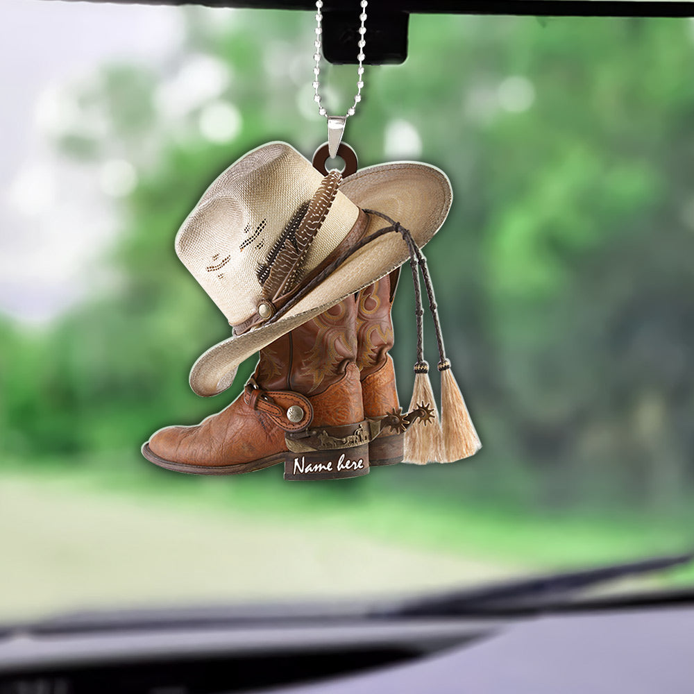 Personalized Flat Acrylic Car Ornament Printed Two Sides With The Same Design For Cowboy & Cowgirl, Boots And Hat, Name Can Be Changed