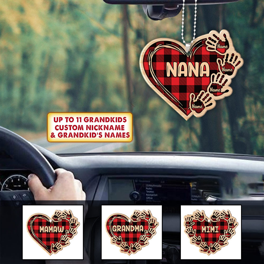 Grandma Heart Handprints Red Plaid Wood Personalized Car Ornament for Grandma, 2 Sides Are the Same, HN98, DO99