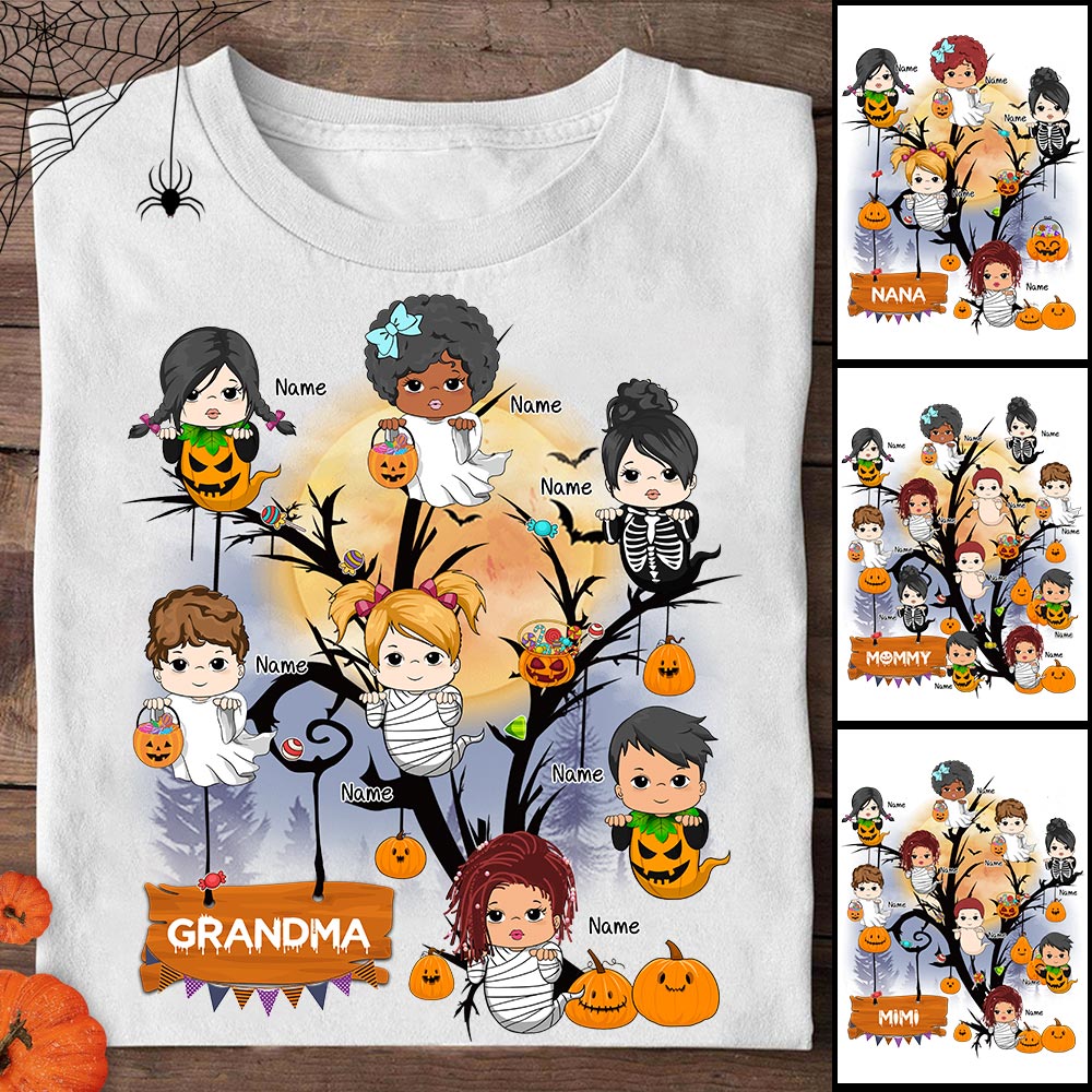 Nana Halloween Tree With Little Ghost Personalized Shirt For Grandma