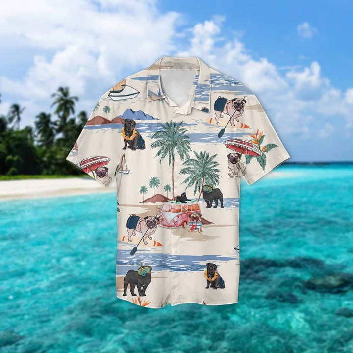 Pug Beach Summer Hawaiian Shirt, Hawaiian Shirts for Men women Short Sleeve Aloha Beach Shirt